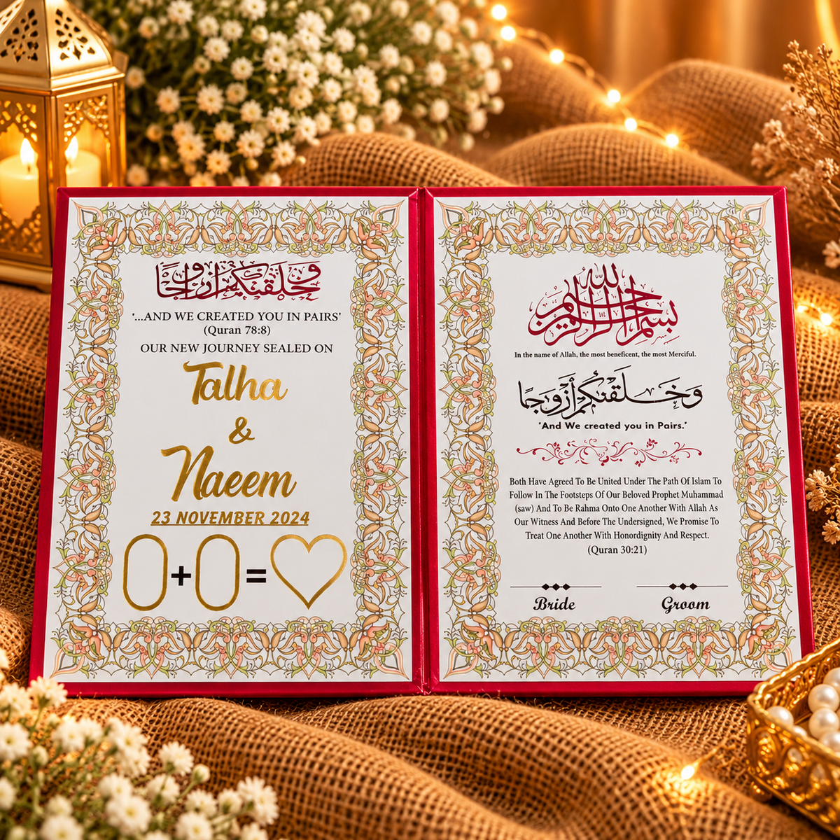 Personalised Nikah Nama booklet interior with bride and groom names
