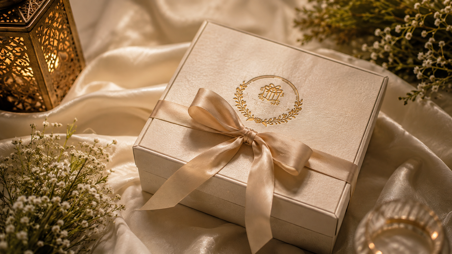 A cream-colored textured gift box tied with a satin ribbon and featuring a gold monogram emblem, styled on draped cream satin fabric with baby's breath flowers and a glowing gold lantern.