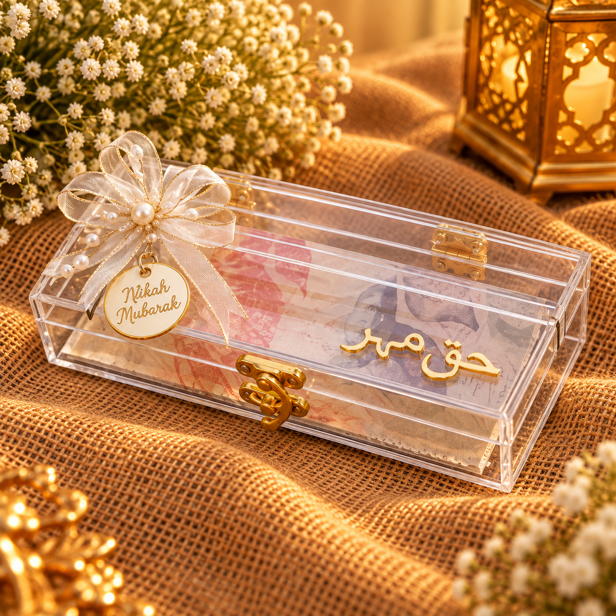 Transparent acrylic Haq Mehr money box with gold lettering, champagne-gold pearl bow, Nikah Mubarak tag and hinged lid.