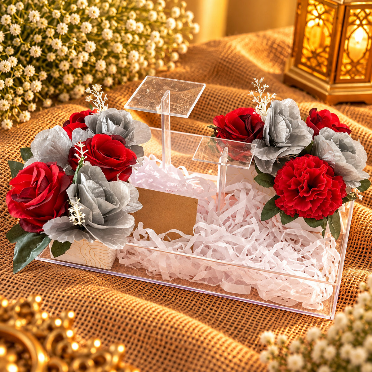 Luxury Acrylic Nikah Ring Tray with Red and Silver Floral Decor