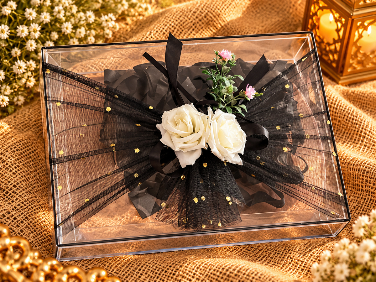 Luxury Clear Acrylic Wedding Gift Box with Black Tulle and White Roses