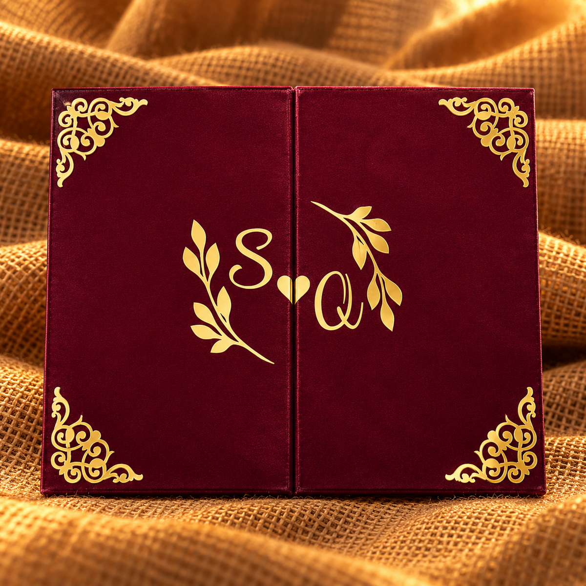 Personalised burgundy tri-fold Nikah certificate booklet with gold detailing and Islamic wedding verses.
