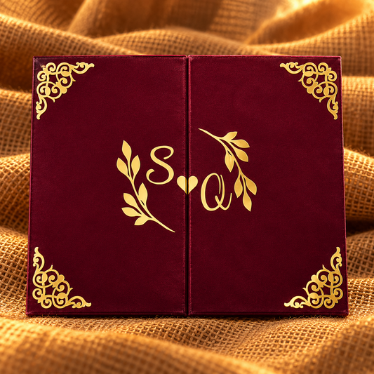 Personalised burgundy tri-fold Nikah certificate booklet with gold detailing and Islamic wedding verses.