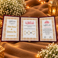 Royal burgundy tri-fold personalised Nikah certificate booklet with Islamic designs and bride groom details