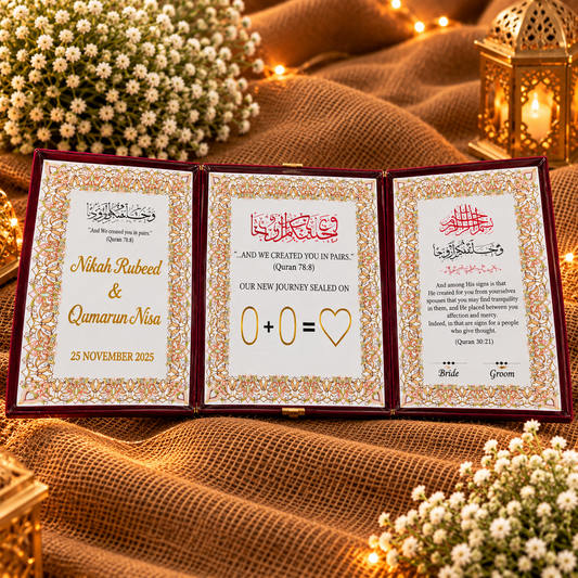Royal burgundy tri-fold personalised Nikah certificate booklet with Islamic designs and bride groom details