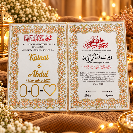 White personalised Nikah booklet open with Islamic wedding pages and gold details