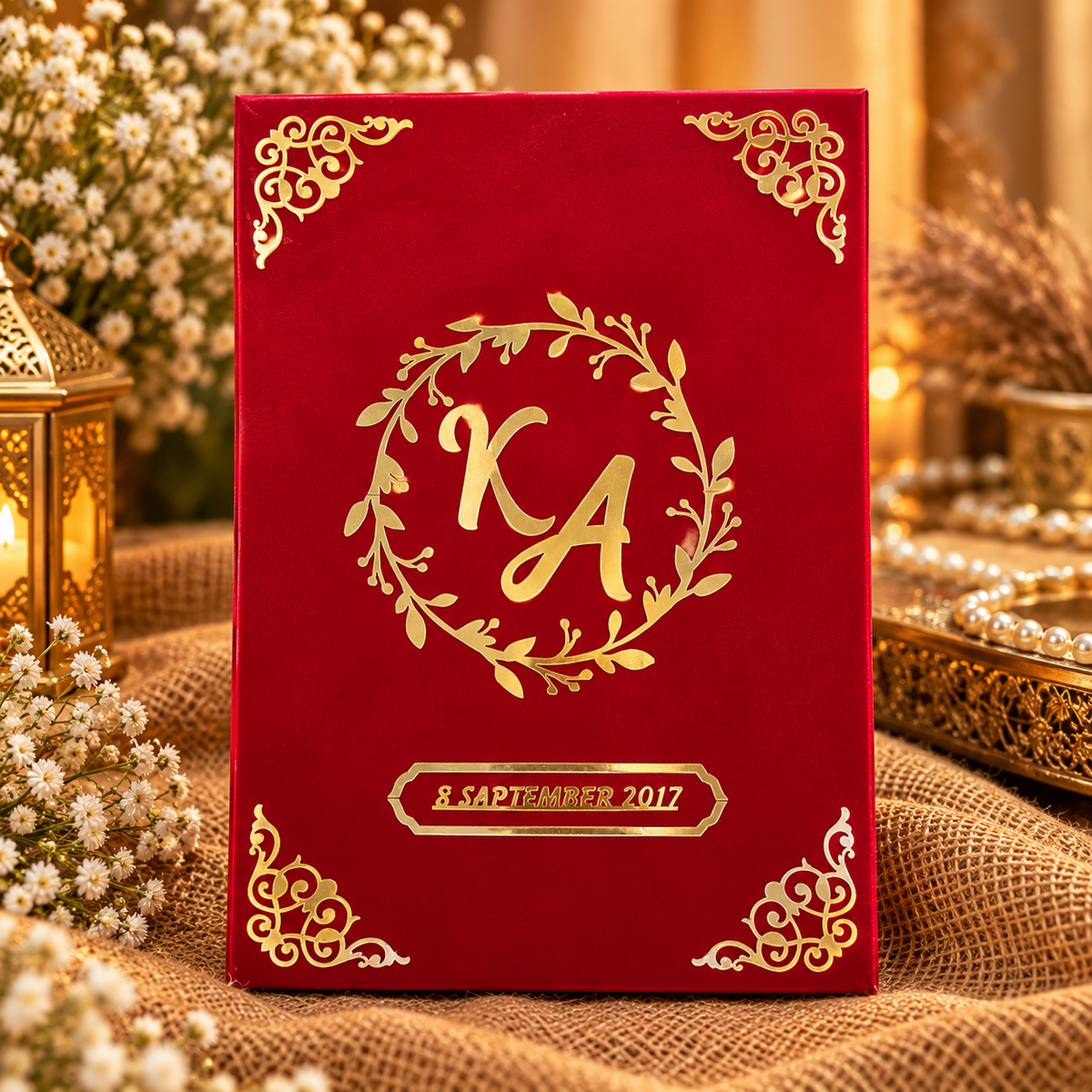 Personalised red velvet Nikah Nama booklet with gold detailing