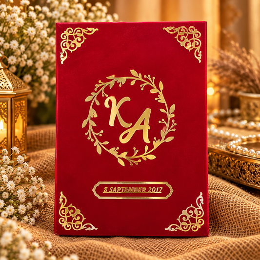 Personalised red velvet Nikah Nama booklet with gold detailing