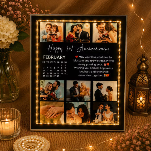 A framed personalized 1st anniversary photo canvas with warm LED light border, displayed on a burlap surface with candles, flowers, and a lantern in a cozy setting.