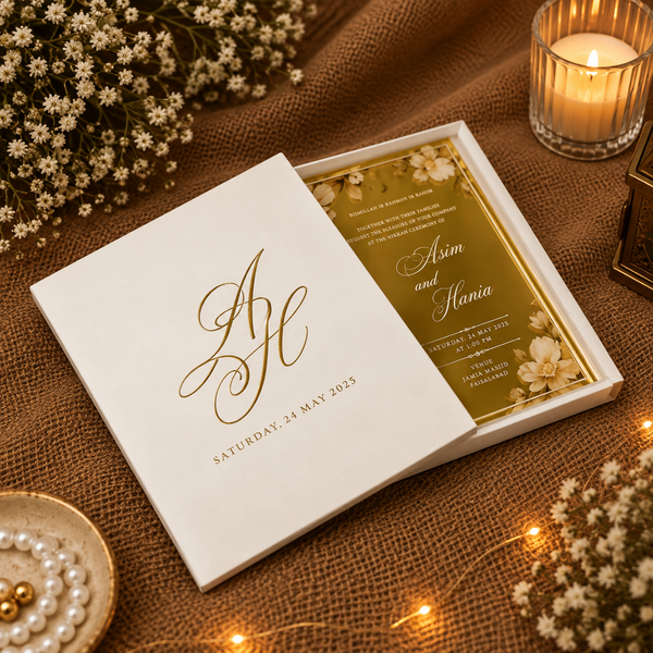 Golden Acrylic Wedding Card with White Box