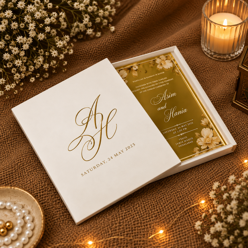 Golden Acrylic Wedding Card with White Box