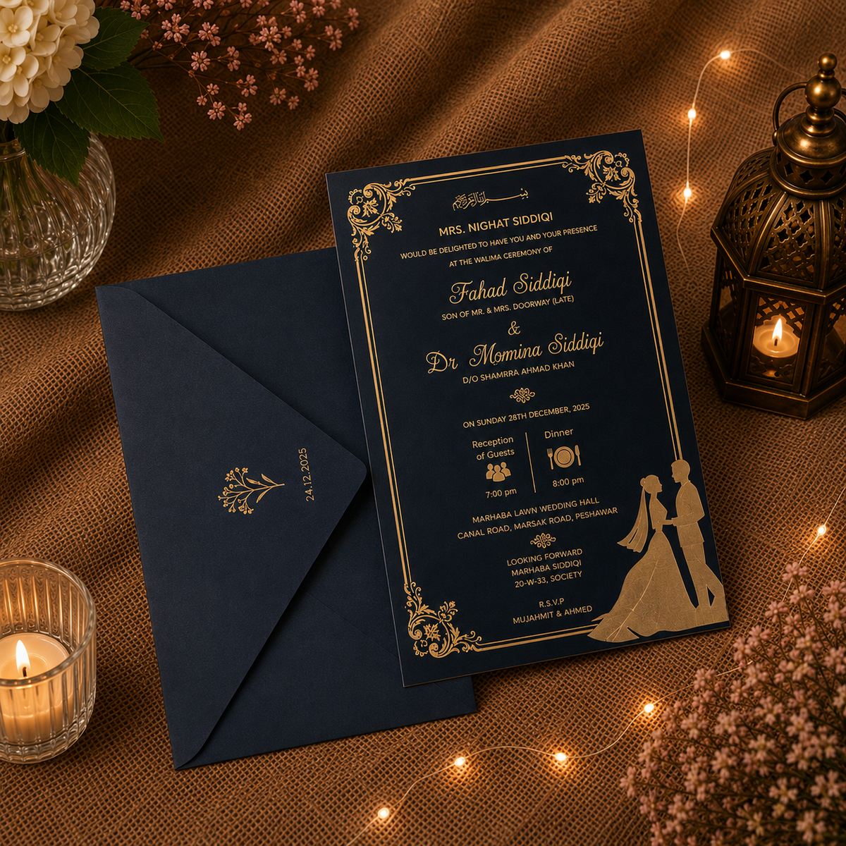 Personalized Navy Blue & Gold Acrylic Wedding Invitation Card