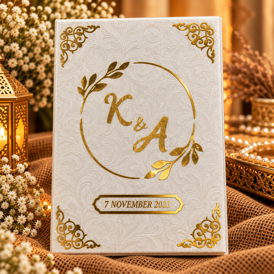 Personalised white Nikah booklet with gold initials and wedding date