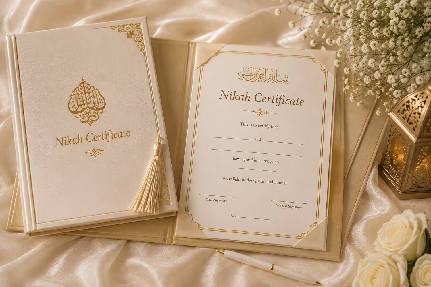 An elegant Islamic Nikah certificate set displayed on a draped satin fabric. The set includes a closed book-style certificate cover on the left with a gold emblem and tassel, and an open certificate booklet on the right showing the printed 'Nikah Certificate' in Arabic and English.