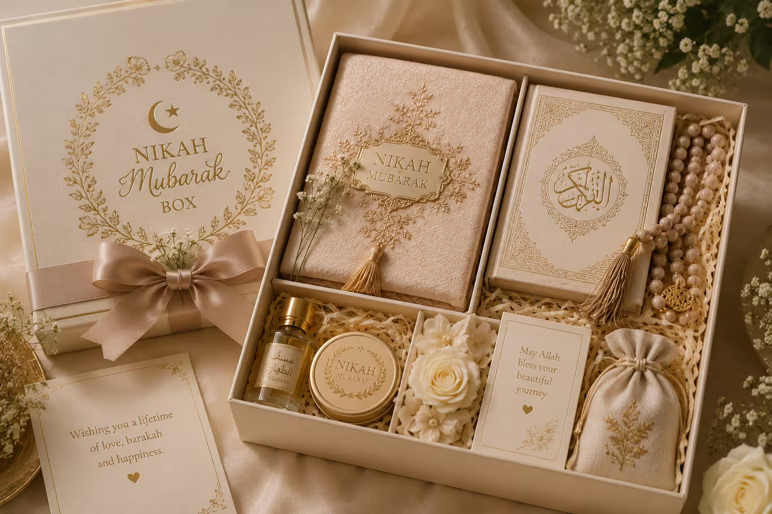 An open Nikah Mubarak gift box arranged on a satin fabric background with floral props. The box contains a beige satin-covered book, a boxed Quran or holy book, a small bottle, a round tin, a card, a drawstring pouch, and a beaded necklace.