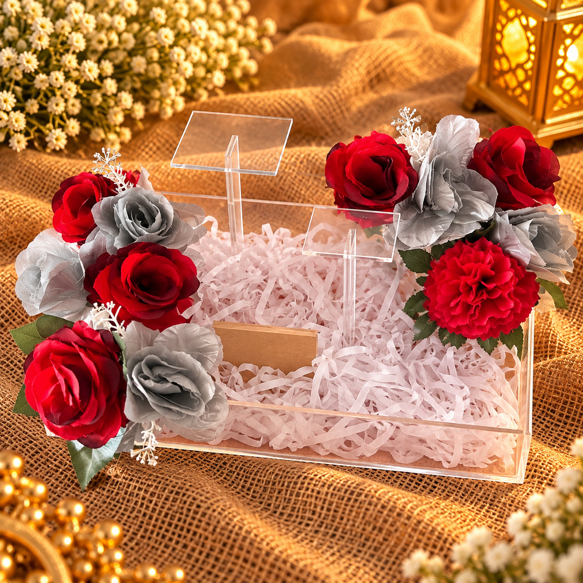 Luxury Acrylic Nikah Ring Tray with Red and Silver Floral Decor