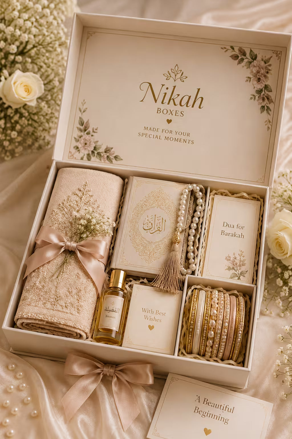 An open Nikah Boxes gift set arranged on a satin fabric with floral props. The set includes a folded cream embroidered cloth tied with a blush pink ribbon, a small gold perfume bottle, a cream card with Arabic calligraphy, a tassel, a box of barakah beads, and a stack of gold and pearl bangles.
