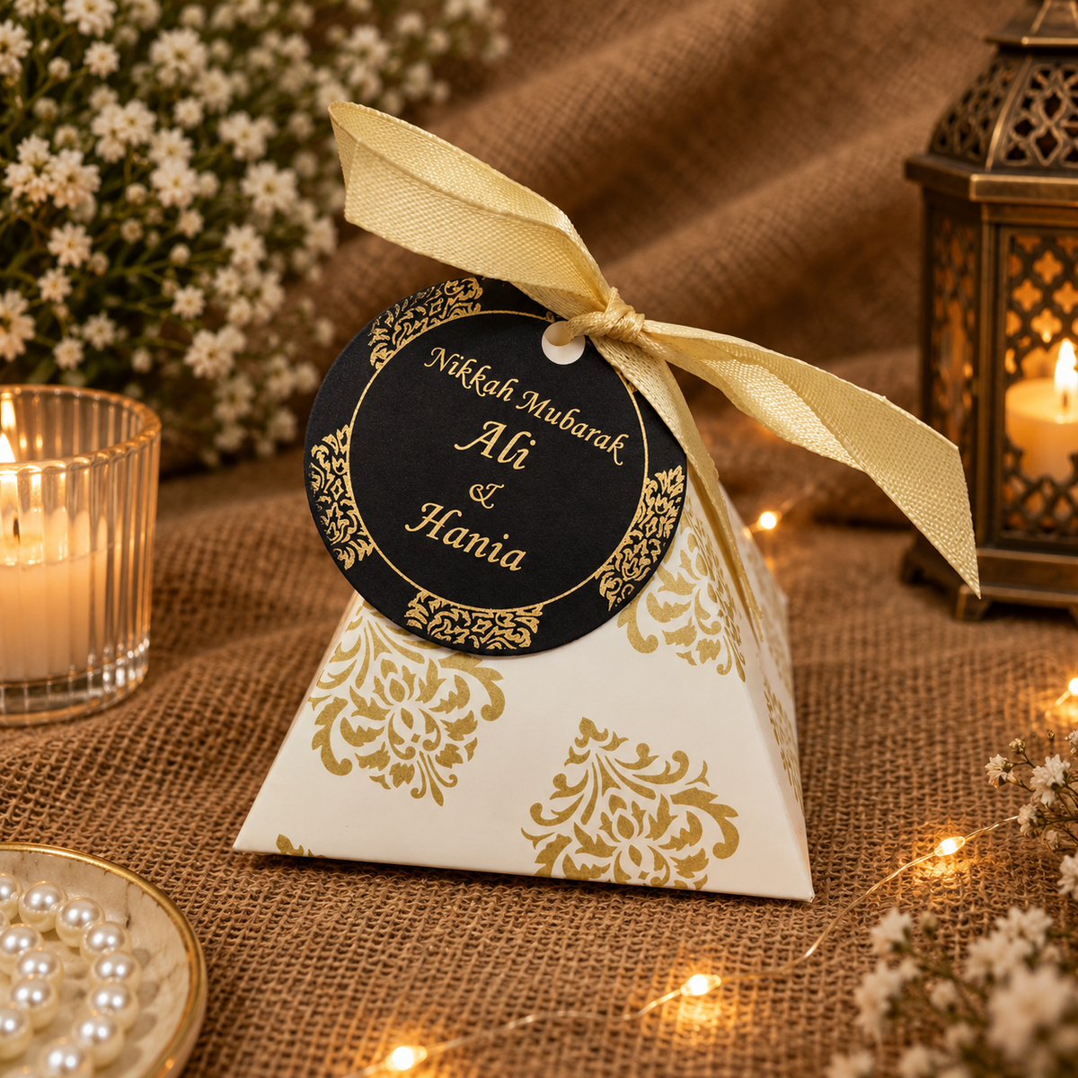 Gold & Black Nikkah Mubarak Pyramid Favor Box